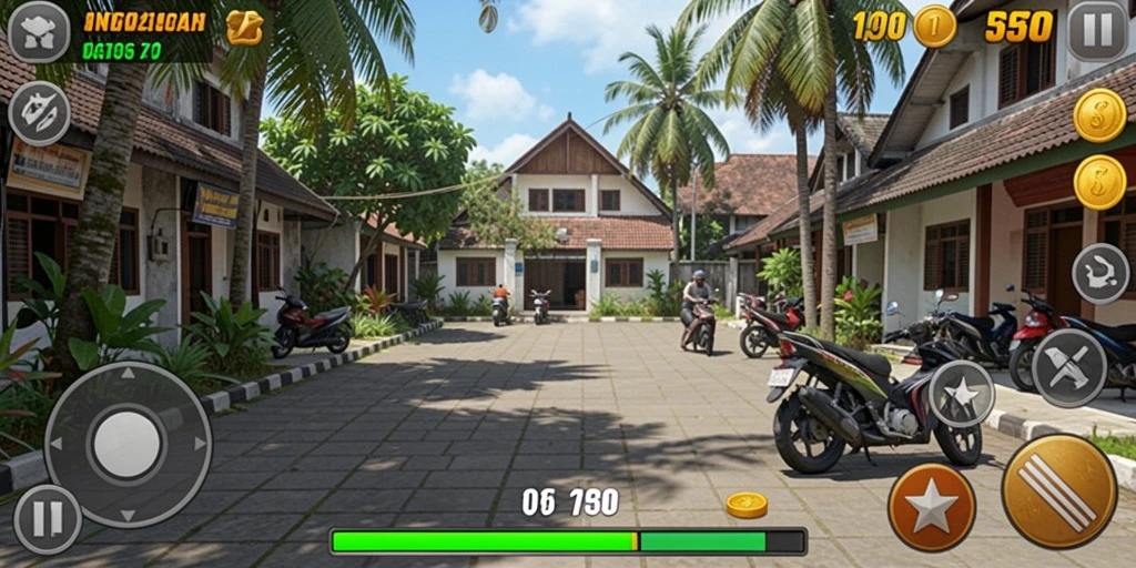 Pemandangan level yang menantang dengan berbagai rintangan.